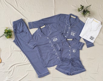 Matching Bridesmaid pjs Shirt short pant set for wedding party and destination ceremony. Matching boy girl pyjamas available.