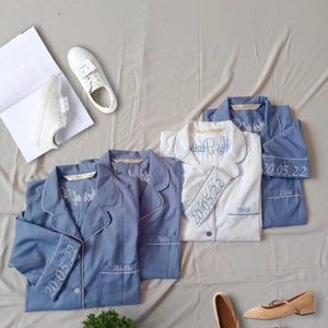 Bridesmaid Pajamas in Dusty Blue, White Bridal Pajama. Over sized sleep shirts with side & front pocket also comes in Shirt Short/Pant Sets.