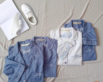 Bridesmaid Pajamas in Dusty Blue, White Bridal Pajama. Over sized sleep shirts with side & front pocket also comes in Shirt Short/Pant Sets.