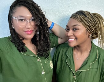 Bridal Pajama Set: Olive Green Shirt and Pants - Matching Wedding PJs