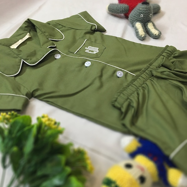 Green Pajamas, Green Cotton Pyjamas, Kids Pajamas set, Shirt short, long pants, Pyjamas, flower girl set, toddler pjs, children outfit