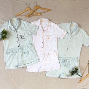 New Shirt Short Long Pant Bridesmaid Wedding blue white Pajama Set. Matching Outfits, Matching Pajamas, Flower Girl Pajamas, Plus size set