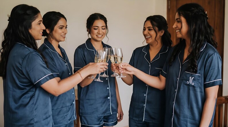 Pode incluir: Cinco mulheres em conjuntos de pijama azul marinho combinando com acabamento branco, brindando com ta&ccedil;as de champanhe. Os pijamas t&ecirc;m uma camisa com bot&otilde;es e shorts. Uma camisa tem um monograma. As mulheres est&atilde;o sorrindo e parecem estar celebrando.