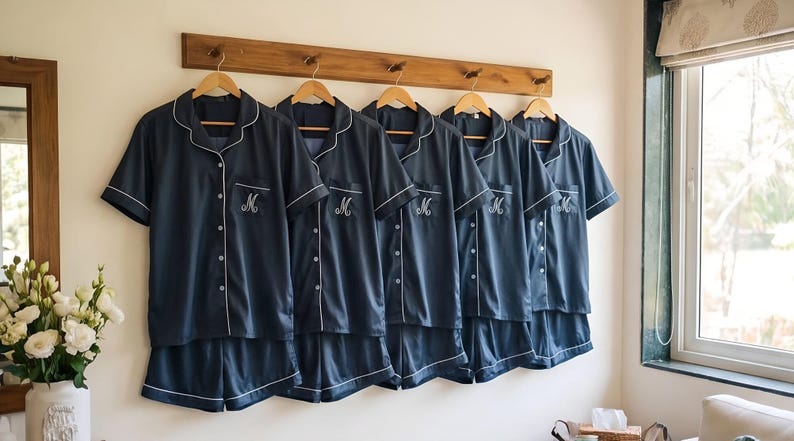 Pode incluir: Seis conjuntos de pijama azul marinho pendurados em um cabide de madeira. Cada conjunto inclui uma camisa de manga curta com bot&otilde;es e cal&ccedil;&otilde;es, com debrum branco. As camisas s&atilde;o bordadas com uma inicial branca.
