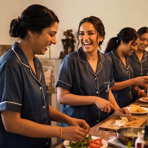 Pode incluir: Quatro mulheres em pijamas azul marinho combinando com acabamentos brancos est&atilde;o em uma cozinha, preparando comida. Elas sorriem e riem enquanto cortam vegetais e outros ingredientes em uma t&aacute;bua de corte de madeira. A cozinha tem uma atmosfera acolhedora.