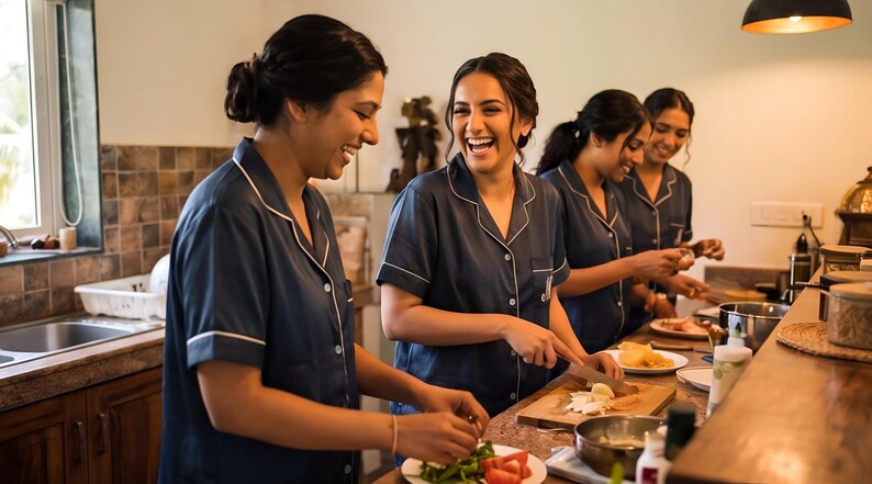 Pode incluir: Quatro mulheres em pijamas azul marinho combinando com acabamentos brancos est&atilde;o em uma cozinha, preparando comida. Elas sorriem e riem enquanto cortam vegetais e outros ingredientes em uma t&aacute;bua de corte de madeira. A cozinha tem uma atmosfera acolhedora.