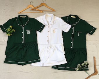 Matching Bridal Green Wedding Shirt Short Long Pant Bridesmaid Pajama Set. Matching Outfits for photoshoot. Flower Girl Pajamas.