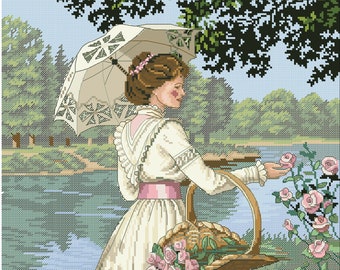 Vintage Lady in Garden Cross Stitch Pattern: 19th Century Painting (Digital Download)