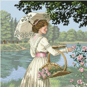 Vintage Cross Stitch Counted Pdf - 19th Century Paintings - Vintage Pattern Embroidery #Lady in the garden / Digital Instant Download