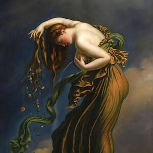 May include: An oil painting depicting a woman in a flowing, olive-green dress, with long auburn hair. She is set against a backdrop of clouds and a dark sky. A small white dog is at her feet. The artwork has a classical, ethereal quality.