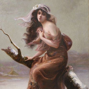 May include: A woman in a flowing white dress and a white hat sits on a snow-covered branch. She holds a musical instrument in her right hand. The background is a snowy landscape.