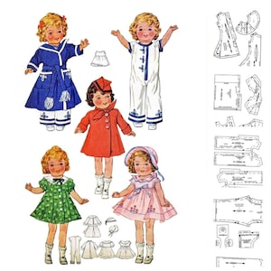 May include: A vintage illustration featuring paper dolls in various outfits: a blue sailor suit, a red coat, a green dress, and a pink dress. The dolls have blonde curly hair and are posed with their arms outstretched. Sewing patterns are also included.