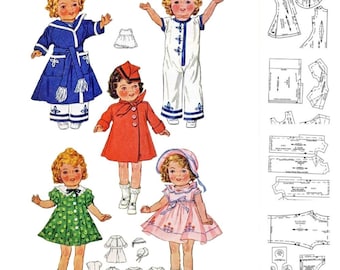 May include: Illustration of vintage paper dolls wearing various outfits, including a blue sailor suit, a red coat, a green dress, and a pink dress. The dolls have blonde curly hair and are posed with their arms outstretched. Sewing patterns are also included.