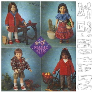 May include: A vintage sewing pattern for making doll clothes. The pattern includes four different outfits: a red jacket and plaid skirt, a plaid jacket and shorts, a blue blouse and floral skirt, and a red jacket and plaid pants. The pattern is from the Magic Attic Club.