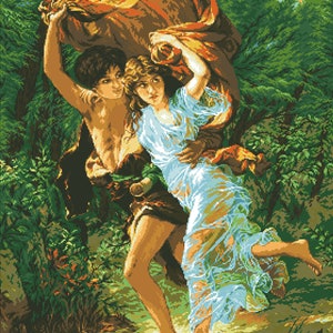 May include: A tapestry depicting a romantic scene of two figures in a forest. A man and woman are embracing, with the woman in a flowing blue dress. The man is holding a large brown cloth above them. The background is lush green foliage.