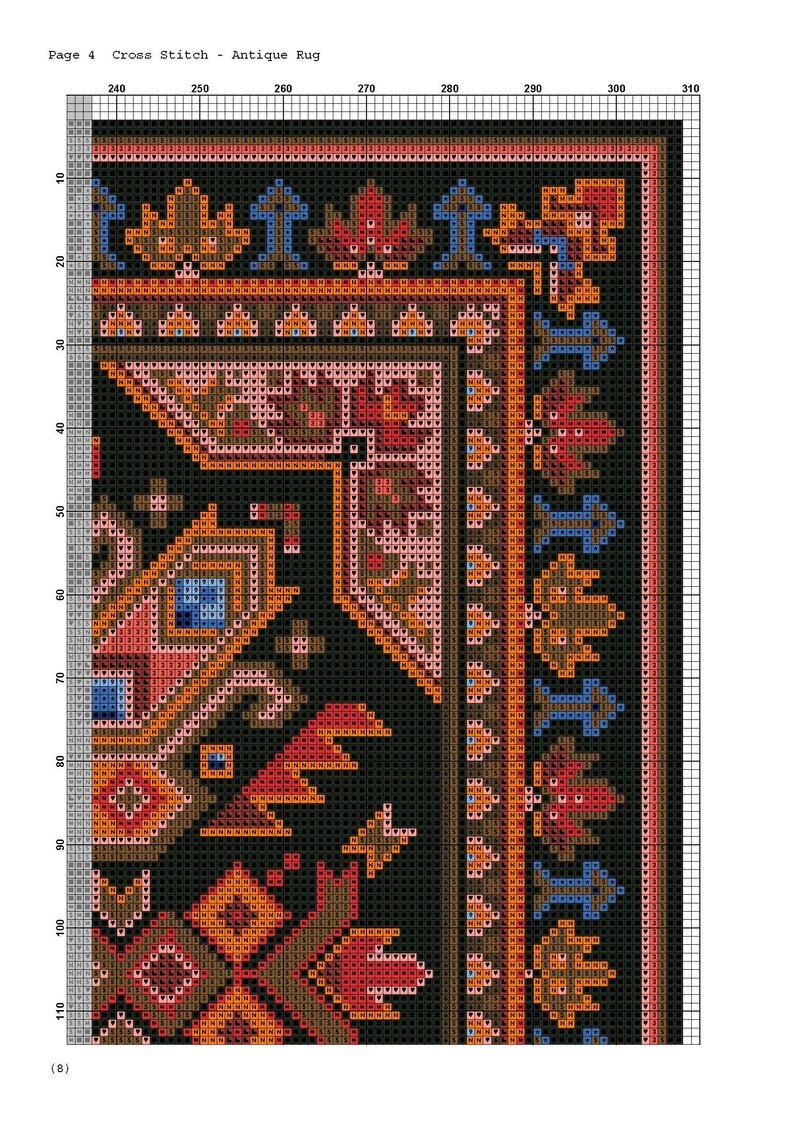 Op de afbeelding: Een kruissteekpatroon voor een antiek tapijt met een zwarte achtergrond en ingewikkelde ontwerpen in tinten rood, oranje, bruin, blauw en roze.