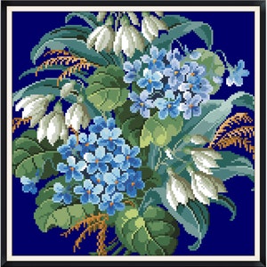 May include: A framed cross-stitch embroidery featuring a bouquet of blue and white flowers on a dark blue background. The flowers include snowdrops and forget-me-nots.