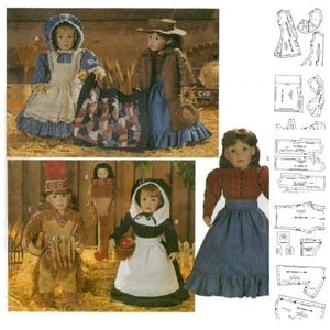 May include: A sewing pattern for making doll clothes. The pattern includes instructions for making a pilgrim dress, a pioneer dress, a Native American outfit, and a colonial dress. The pattern is for 18-inch dolls.