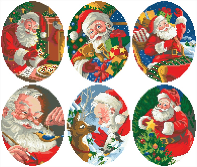 Vintage Cross Stitch Pdf / Christmas Santa's and Reindeer / Miniature Ornaments / Counted Pattern Embroidery / Digital Instant Download image 9