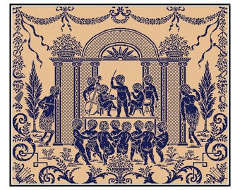 May include: A blue and white vintage illustration of a group of children dancing in a garden setting. The children are dressed in simple clothing and are holding hands. The garden is filled with flowers and trees. The illustration is framed by a decorative border.