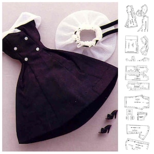 May include: A black dress with a white collar and buttons, a white lace collar, and a pair of black shoes. The dress has a pattern for sewing it.