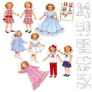 May include: A sewing pattern for making doll clothes. The pattern includes instructions for making a dress, a coat, a nightgown, a sailor outfit, and a skirt. The pattern is for dolls that are 18 inches tall.