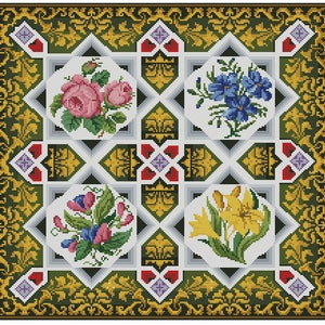 Vintage Cross Stitch Pdf - Berlin Rug - 4 Flowers / Counted Vintage Pattern Embroidery/ Cross Stitch Carpet/Digital