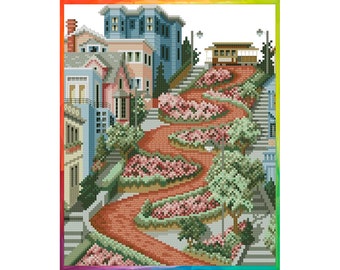 Victorian House Cross Stitch Pattern: Lombard Street Embroidery (Digital Download)