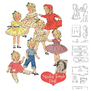 Puede incluir: Ilustración vintage con muñecas Shirley Temple en varios atuendos, incluyendo vestidos, un abrigo y un pelele. Las muñecas tienen cabello rubio rizado y posan en diferentes posturas. También hay un logotipo en forma de corazón con el texto "Shirley Temple Doll".