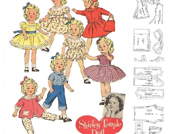 May include: Vintage illustration featuring Shirley Temple dolls in various outfits, including dresses, a coat, and romper. The dolls have curly blonde hair and are posed in different stances. A heart-shaped logo with the text "Shirley Temple Doll" is also present.