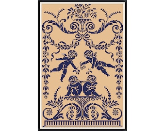 May include: A cross-stitch pattern featuring a decorative design with two cherubs holding a flower and two cherubs sitting on a pedestal. The design is in shades of blue on a beige background.