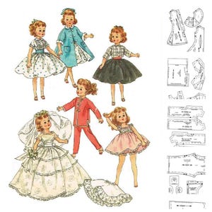 Puede incluir: Ilustración de muñecas de papel vintage con varios atuendos, incluyendo un vestido de lunares, un abrigo azul, una blusa a cuadros con una falda negra, un mono rojo, un vestido rosa y un vestido de novia. También se incluyen patrones de costura.