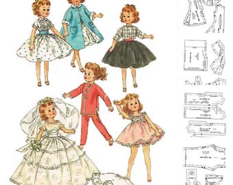 May include: Illustration of vintage paper dolls in various outfits, including a polka dot dress, a blue coat, a plaid top with a black skirt, a red jumpsuit, a pink dress, and a wedding dress. Sewing patterns are also included.
