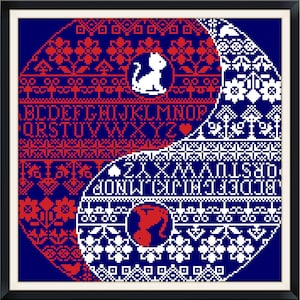 Vintage Cross Stitch Pattern Pdf - Yin-Yang Alphabet / Counted Vintage Pattern Embroidery / Digital Instant Download