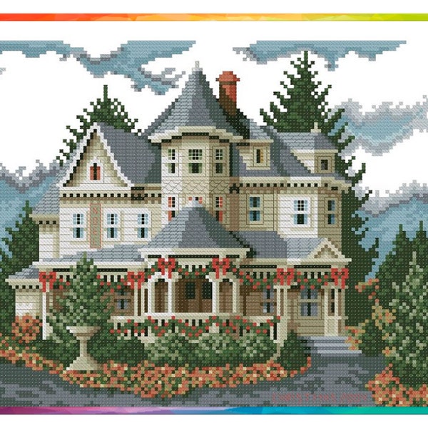 Vintage Cross Stitch Pattern Pdf - Victorian House- Cristmas Victorian House, Farmington/Counted Vintage Pattern Embroidery/Digital Download