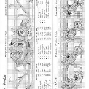 May include: A cross stitch pattern for a peach design with a colour key and DMC thread numbers. The pattern is called "Peach Parfait" and "Peach Duets".