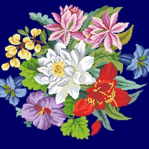 May include: A bouquet of colorful flowers on a dark blue background. The bouquet includes white, pink, red, yellow, and blue flowers.