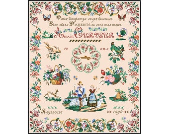 Sampler Cross Stitch Pdf / Counted Vintage Pattern Embroidery / Antique Pattern Sampler Reproduction Anais Curveur 1896s / Digital Download
