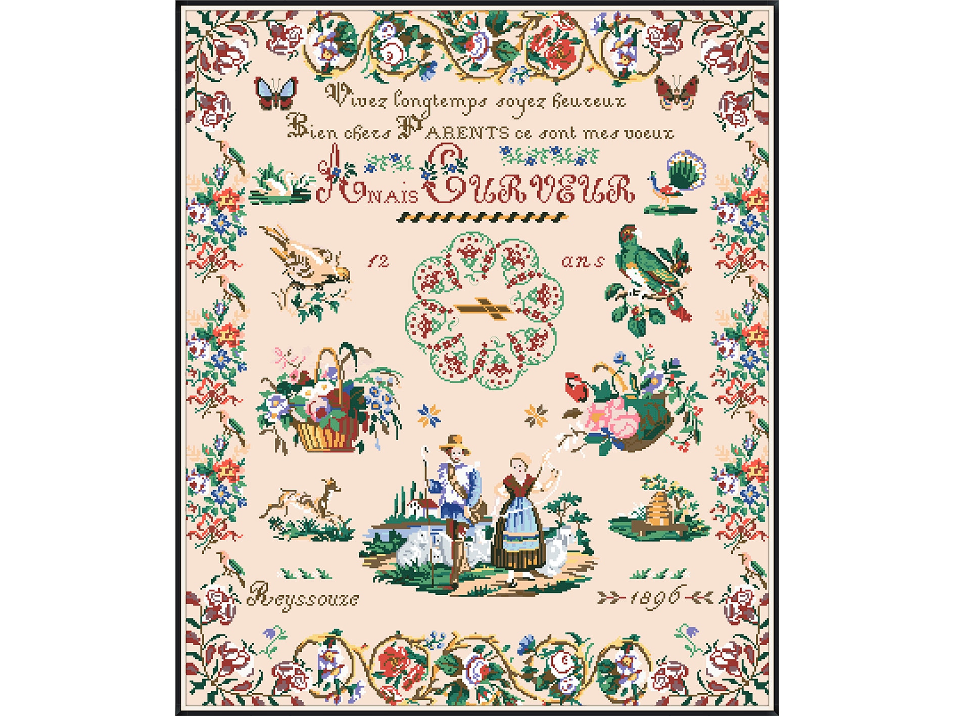 Sampler Cross Stitch Pdf / Counted Vintage Pattern Embroidery / Antique Pattern Sampler Reproduction Anais Curveur 1896s / Digital Download