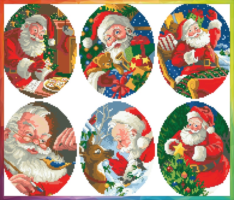 Vintage Cross Stitch Pdf / Christmas Santa's and Reindeer / Miniature Ornaments / Counted Pattern Embroidery / Digital Instant Download image 2