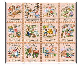 Victorian Country Life Calendar Cross Stitch Pattern: Antique Sampler Reproduction (PDF Pattern)