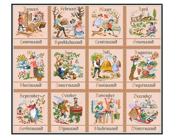 Sampler Cross Stitch Pdf - Victorian Country Life Calendar / Counted Vintage Pattern Embroidery / Antique Pattern - Sampler Reproduction