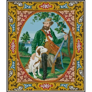 Vintage Cross Stitch Pdf - Berlin Woolwork - People V - Victorian Hunter - Bavarian Embroidery- Counted Vintage Pattern Embroidery / Digital