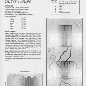 May include: A black and white diagram showing the instructions for creating a dollhouse. The diagram shows the different parts of the dollhouse, including the roof, sides, and chimney. The text in the image reads "Outer House" and includes a color key for the different colors used in the project.