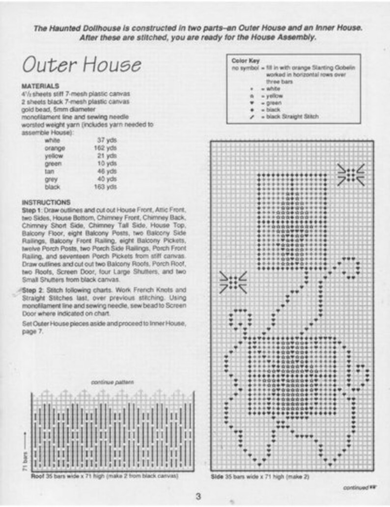 May include: A black and white diagram showing the instructions for creating a dollhouse. The diagram shows the different parts of the dollhouse, including the roof, sides, and chimney. The text in the image reads "Outer House" and includes a color key for the different colors used in the project.