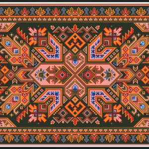 Op de afbeelding: Een traditioneel tapijt met een geometrisch patroon in tinten rood, oranje, blauw, groen en roze. Het tapijt heeft een donkergroene achtergrond en een rand met een bloemenmotief.