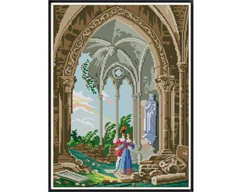 Vintage Cross Stitch Pattern: Victorian Couple in Ruins (Digital Download)