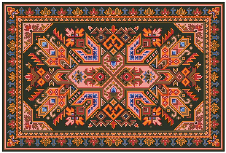 Op de afbeelding: Een traditioneel tapijt met een geometrisch patroon in tinten rood, oranje, blauw, groen en bruin. Het tapijt heeft een centraal medaillon en een rand met een repeterend motief.