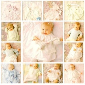 May include: A collection of 12 knitted baby outfits in white, pink, and blue. The outfits include dresses, sweaters, and hats. Some of the outfits feature intricate stitch patterns and delicate lace details.