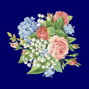 May include: A bouquet of pink and red roses, white lily of the valley, and blue forget-me-nots on a dark blue background.